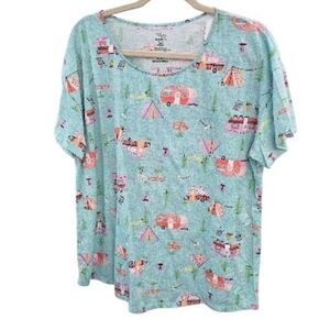 Secret Treasures Light Aqua Camper Print Pajama Top - Pink & Coral Accents